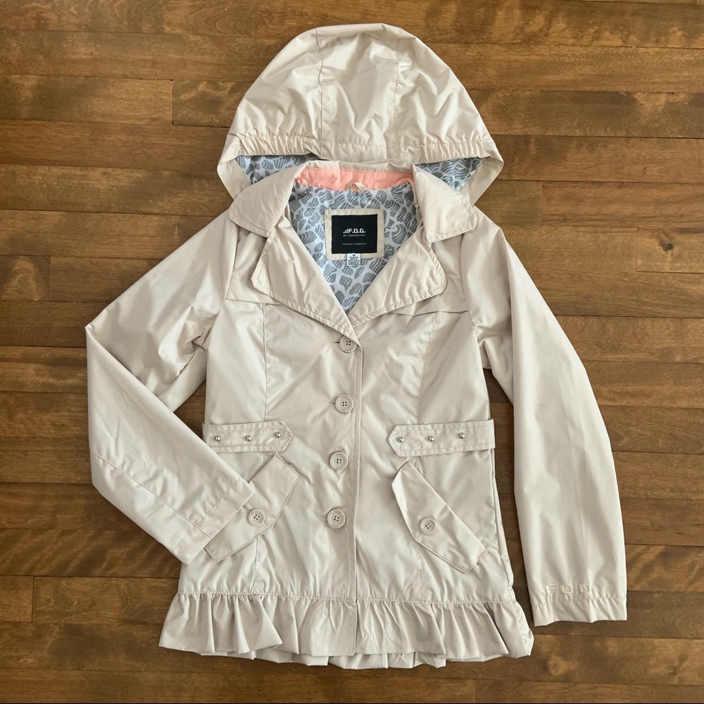 F.O.G. By London Fog Girls Ruffled Trench Coat With Removable Hood (Size 10)